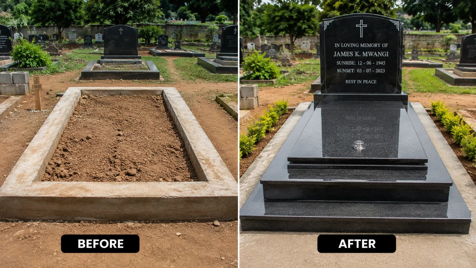 Before and after: bare grave plot transformed into a finished polished granite headstone