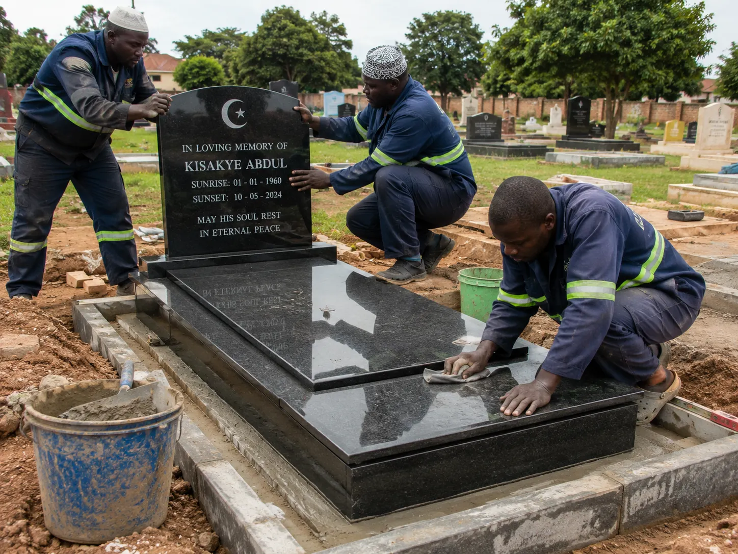 Team installing a granite headstone with crescent and star