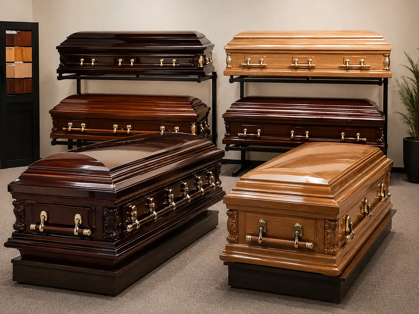 Range of wooden coffins and caskets