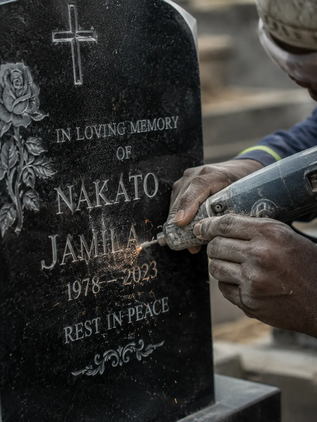Close-up of hand engraving on a black granite headstone