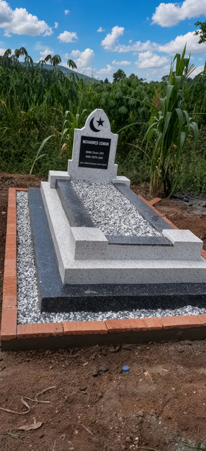 Islamic granite headstone with crescent and star